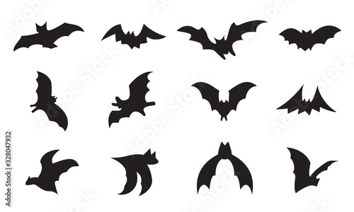 Bat icon set isolated on white background. Black bats silhouettes 