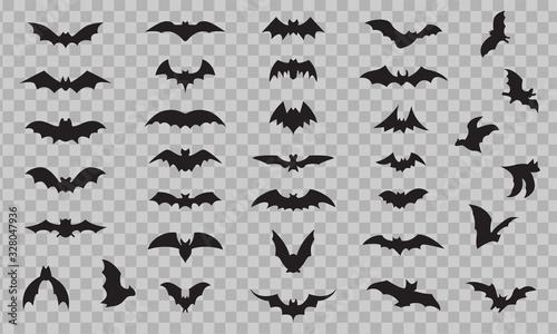 Bat icon set isolated on transparent background. Black bats silhouettes 