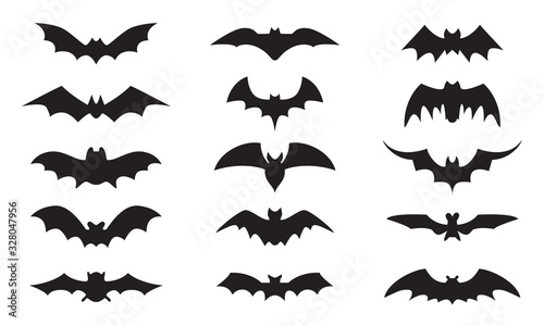 Bat icon set isolated on white background. Black bats silhouettes 