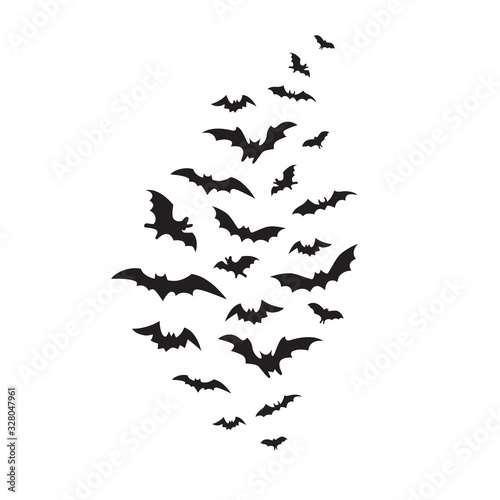 Flying bats group isolated on white background. Black night bat silhouettes 