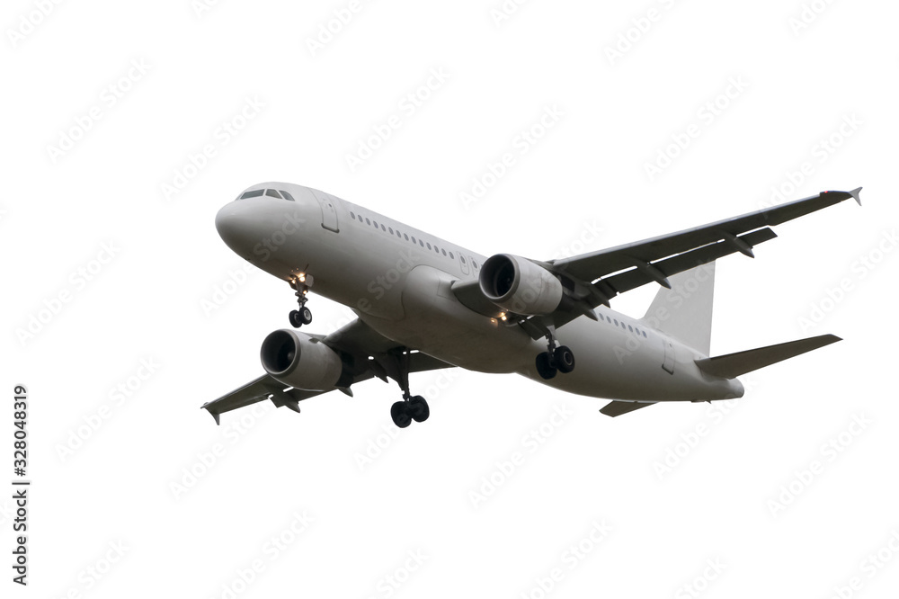 Fototapeta gray jet passenger plane with a landing gear on a white background