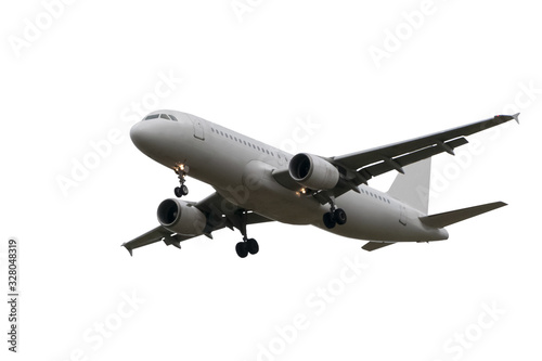 gray jet passenger plane with a landing gear on a white background