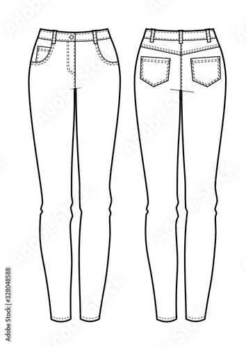 Front, back views of women's jeans. Vector illustration.