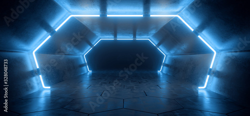 Fototapeta Naklejka Na Ścianę i Meble -  Bright Modern Futuristic Alien Reflective Concrete Corridor Tunnel Empty Room With Classic Pantone Cyber Blue Neon Glowing Lights Hexagon Floor Background 3D Rendering