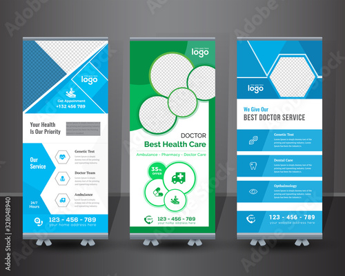 Medical concept. Graphic template roll-up for exhibitions, banner for seminar, layout for placement of photos. Universal stand for conference - Vector