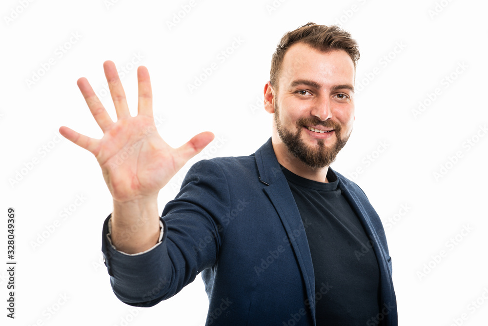Business man wearing smart casual clothes showing number five Business man wearing smart casual clothes showing number five