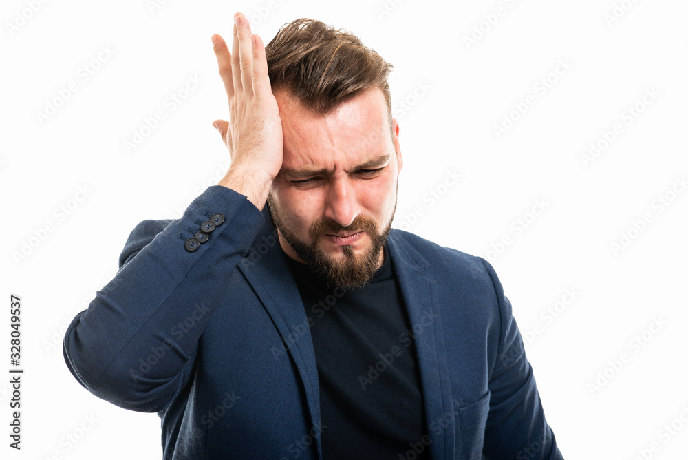 Business man wearing smart casual clothes gesturing head ache Business man wearing smart casual clothes gesturing head ache