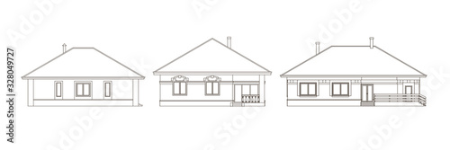 Set of architectural facades of houses. The drawing of the cottages. Isolated on white background. Vector monochrome illustration EPS10