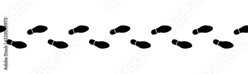 Flat linear design. Trail of footprints from a human foot in a shoe. Black marks. Seamless path. Isolated vector elements.