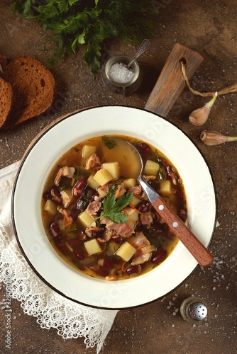 Soup with red beans, potatoes and bacon.