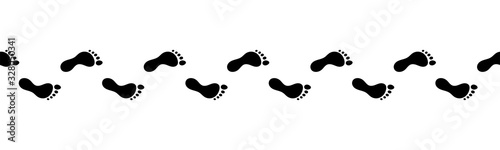 Flat linear design. Track of footprints from a human foot without shoes. Black and contour marks. Seamless path. Isolated vector elements.