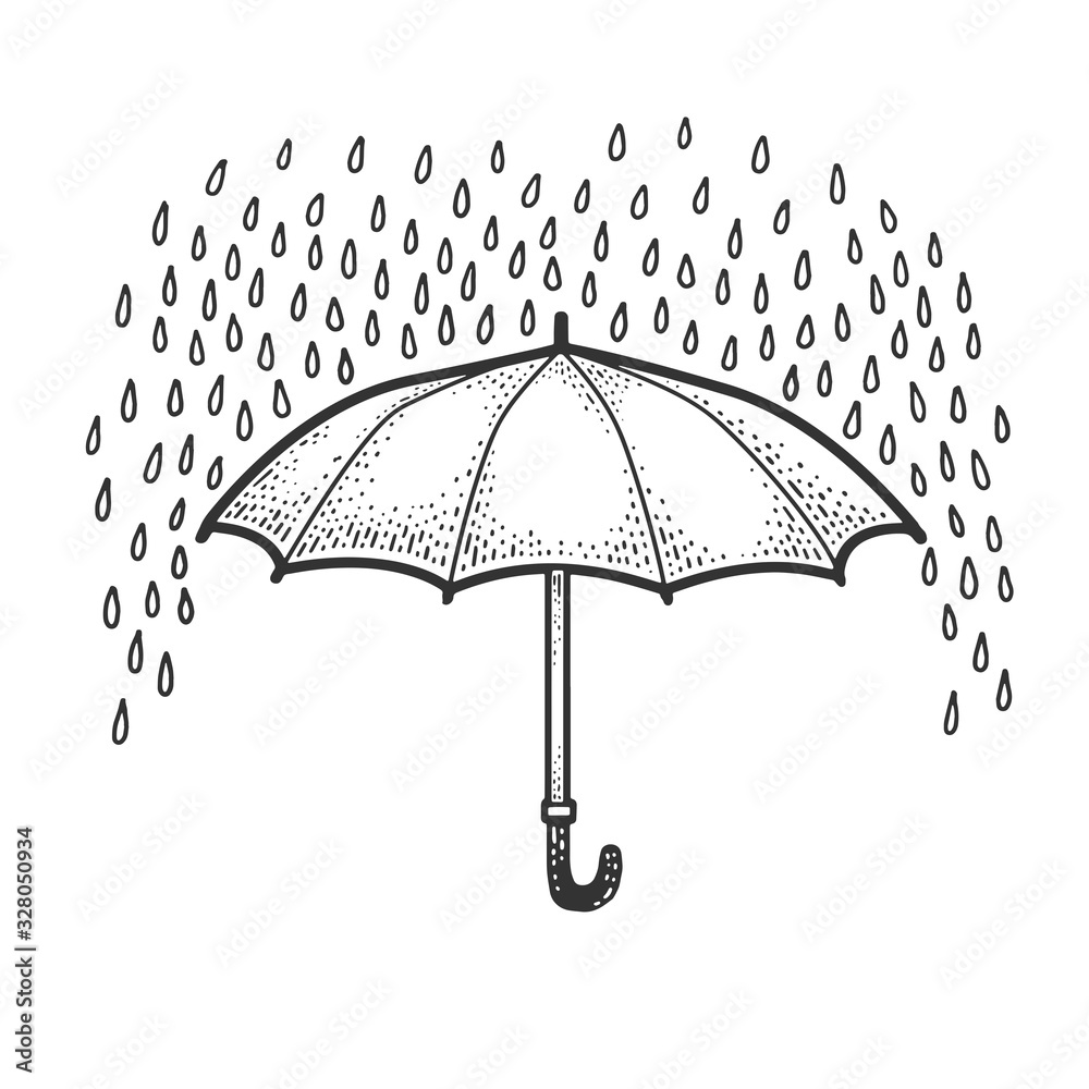 umbrella protects from rain sketch engraving vector illustration. T-shirt apparel print design. Scratch board imitation. Black and white hand drawn image. - obrazy, fototapety, plakaty 