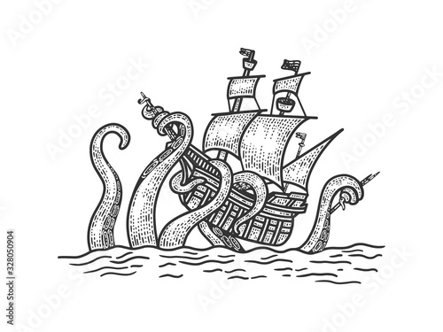 giant octopus attacked an old ship sketch engraving vector illustration. T-shirt apparel print design. Scratch board imitation. Black and white hand drawn image.
