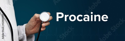 Procaine. Doctor in smock holds stethoscope. The word Procaine is next to it. Symbol of medicine, illness, health photo