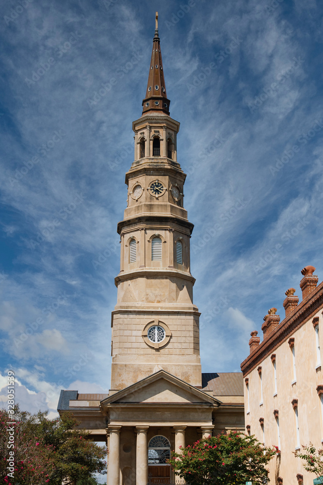 Massive brown stone steeple on church in Charleston, south Carolina