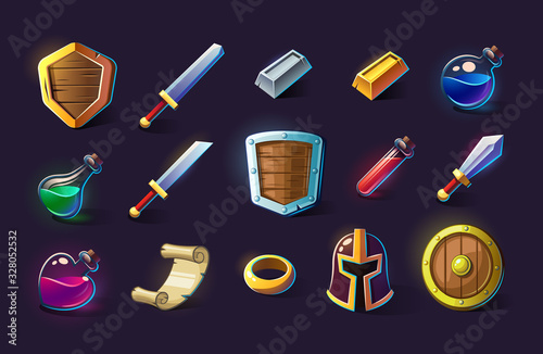 Set of vector icons, objects, things, item. Game concept and design. Design element. Magical magic. Game assets and tile. Fantasy, fiction style.