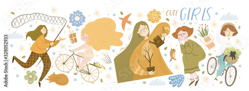 Cute girls! Vector cute illustration of characters with butterfly net, cyclist rides bicycle, girl watering tree, spring flowers, pet and isolated objects. Drawings for a card, poster or postcard