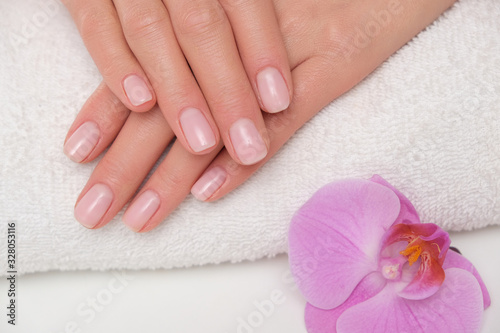 Beuatiful delicate manicure on female hands. The picture of hands lying on the white towel with purple orchid. © forma82
