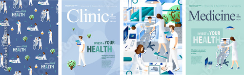 Medicine, Doctor and Hospital! Set of posters with doctor diagnoses the disease, nurse cares about patient, clinic work and medical services. Healthcare and medicine concept for card, poster or сover