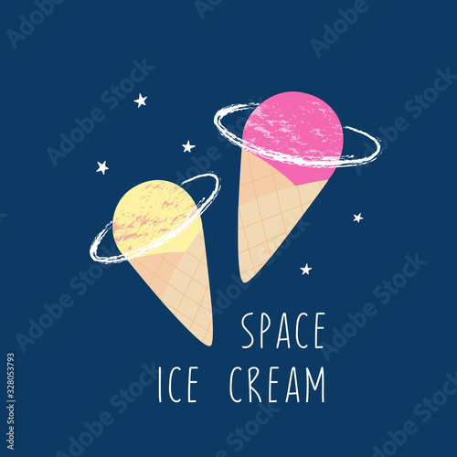 Space ice cream. Sweets in cosmos. Vector illustration for print on a t-shirt, postcard.