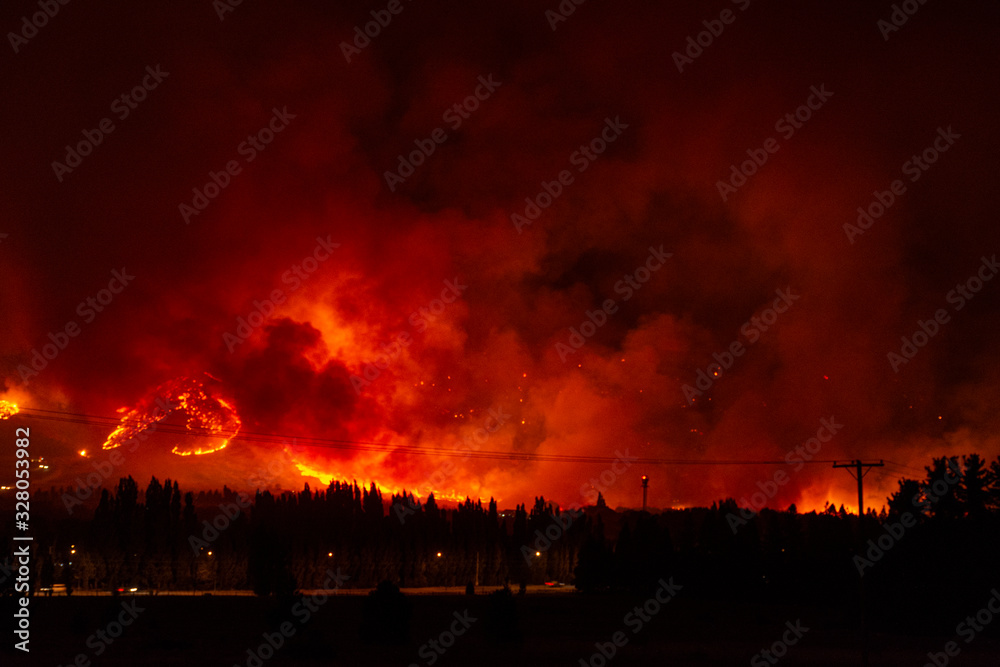 Night view of wildfires occurred in Esquel, Patagonia, Argentina on March 3 2020