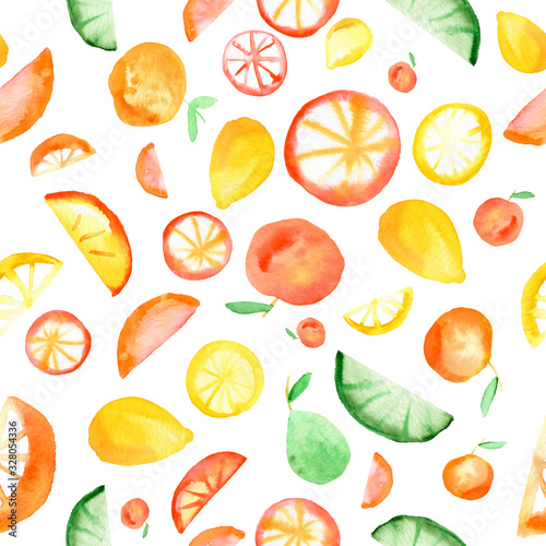 Watercolor seamless pattern with juicy citrus. Lemon, orange, lime fruits. Suitable for kids apparel, web design, posters, fabric, wrapping paper. Digital paper.