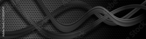 Abstract composition of black waves on dark background. Metallic perforated texture design. Technology illustration. Vector header banner