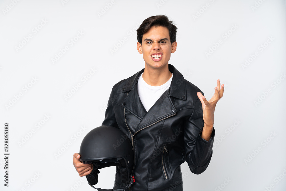 Man holding a motorcycle helmet over isolated white background unhappy and frustrated with something Man holding a motorcycle helmet over isolated white background unhappy and frustrated with something