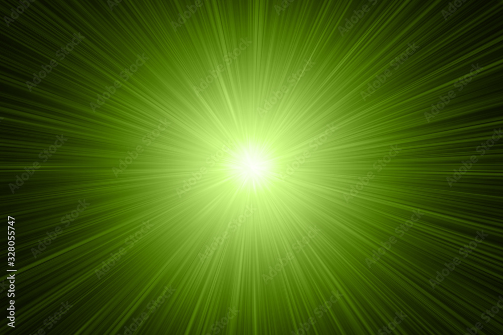 Green abstract background with rays of light. Futuristic computer graphic.