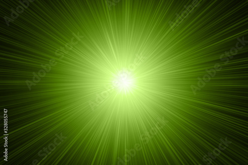 Green abstract background with rays of light. Futuristic computer graphic.