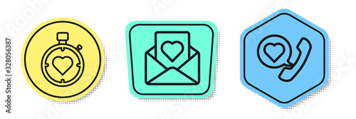 Set line Heart in the center stopwatch, Envelope with heart and Telephone with heart speech bubble. Colored shapes. Vector