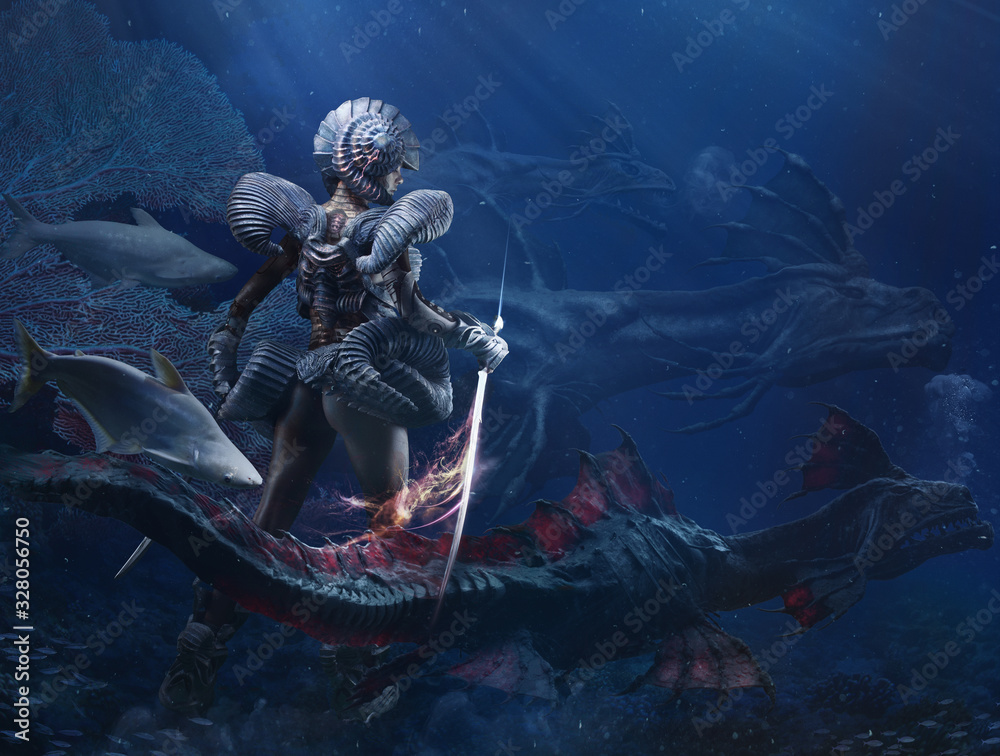 Underwater fantasy girl a dragon queen mixed media - obrazy, fototapety, plakaty 