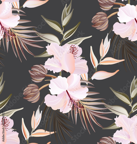 Hibiscus summer seamless pattern, exotic plant texture. Hawaiian fabric wallpaper. Spring textile drawing blossom. Vector