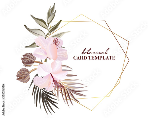 Tropical exotic flowers frangipani hibiscus  palm green leaves, floral buds  and pink bloom. Wild arrangement bouquet, holiday invite, wedding design, save the date card in watercolor Vector
