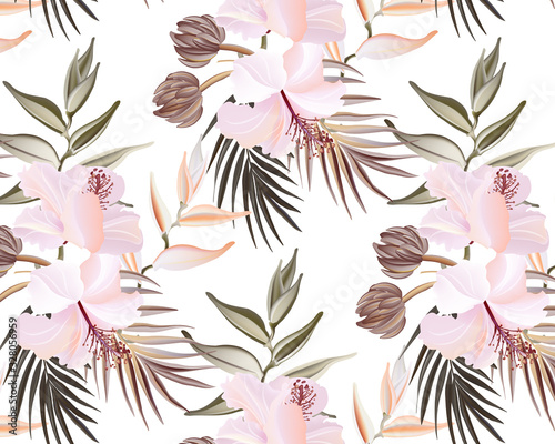 Wild flower hibiscus bloom, palm leaves, exotic buds. Floral herbal bouquet decoration. Vintage retro wallpaper. Watercolor pastel pink nature design
