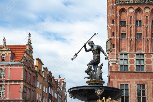 Famous Fountain of the Neptune on the Old Town Market in Gdansk, Poland