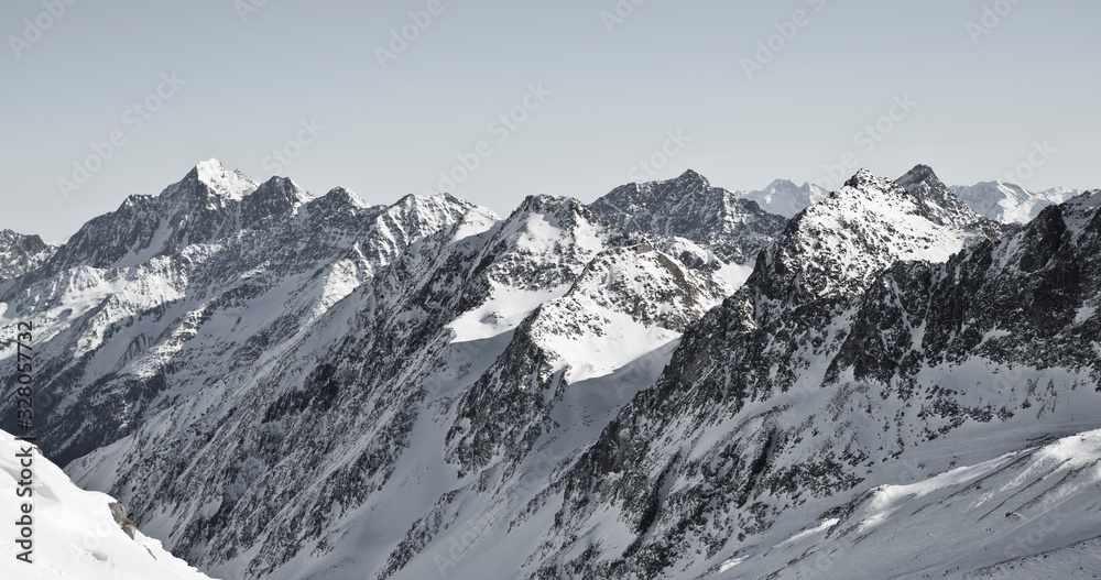 Alpine winter wonderland in Europe. Mountains in Austria in the Alps of Tyrol. Glacier Stubaier Gletscher. Iconic scenery
