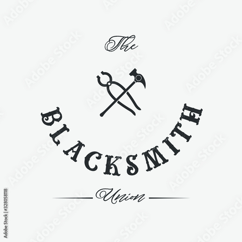Blacksmith logo set with hammers, anvil, pliers. Forge workshop. Vector.