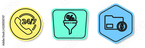 Set line Telephone 24 hours support, Lead management and Envelope with coin dollar. Colored shapes. Vector