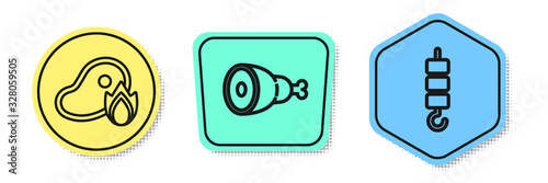 Set line Grilled steak meat and fire flame, Chicken leg and Grilled shish kebab on skewer stick. Colored shapes. Vector