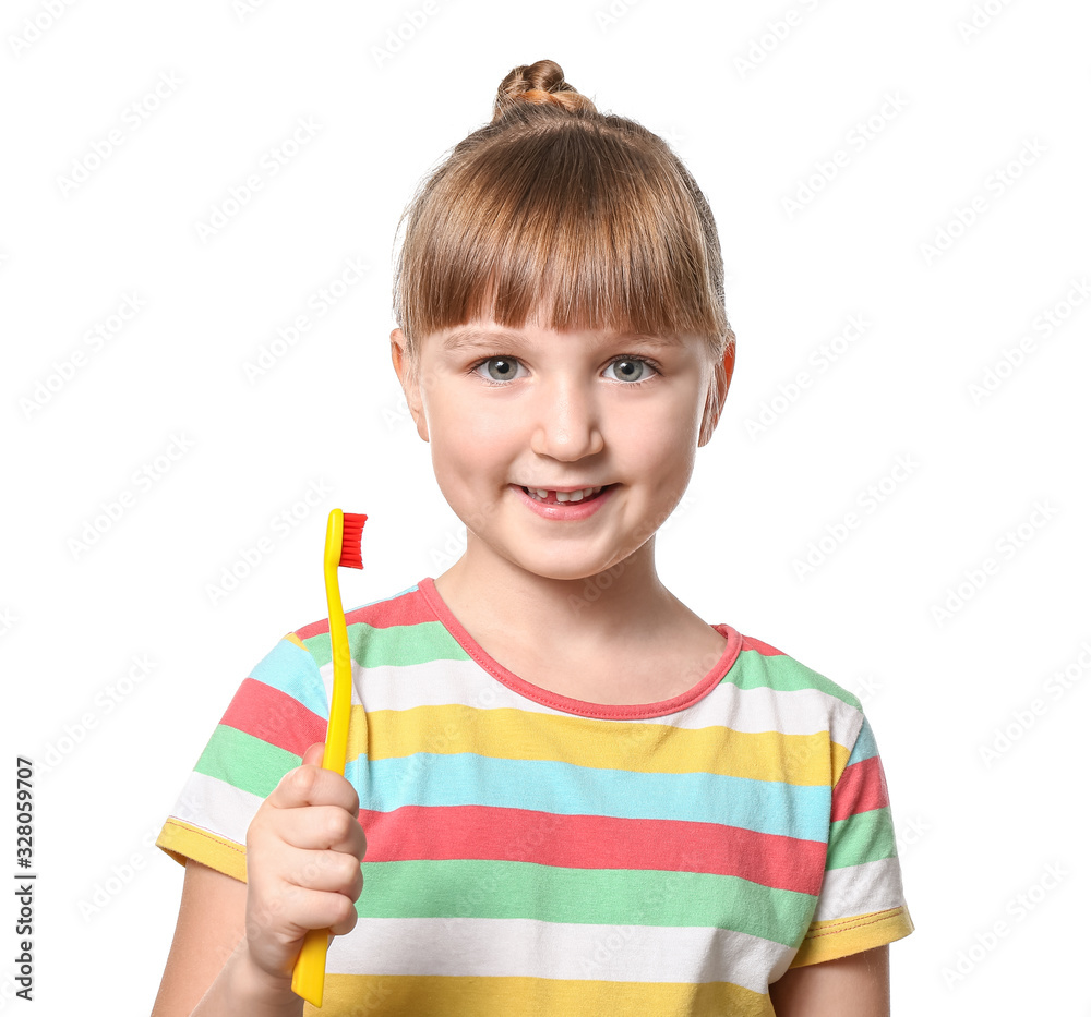 Little girl with tooth brush on white background Little girl with tooth brush on white background