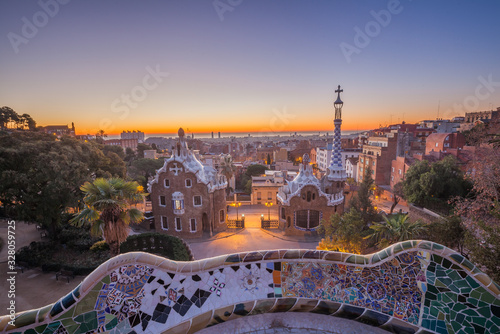 View of barcelone from the park at sunrise