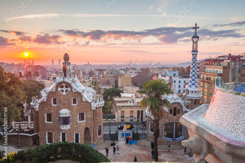 View of barcelone from the park at sunrise