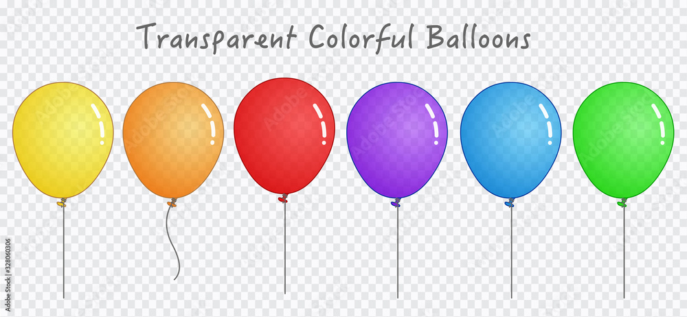 Transparent colorful balloons set. Rainbow cartoon red yellow orange green blue purple balloon. Springs, shiny outline toon ballon Colored illustration. Birthday, holiday Vector Stock Vector | Adobe Stock