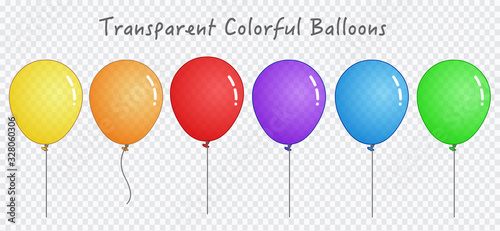 Transparent colorful balloons set. Rainbow cartoon bright fly red yellow orange green blue purple balloon. Springs, shiny outline toon ballon collection. Colored illustration. Birthday, holiday Vector
