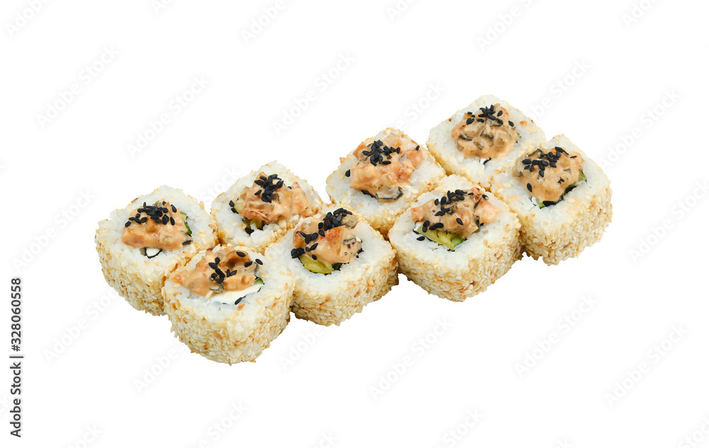 roll Shanghai with cream cheese, cucumber, eel, sesame. isolated on white background. roll Shanghai with cream cheese, cucumber, eel, sesame. isolated on white background.
