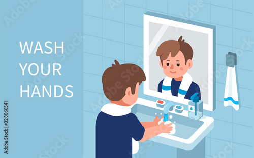 Kid Character Standing near Mirror in Bathroom and Washing Hands with Soap under running Water. Prevention against Virus and Infection. Hygiene Concept.  Flat Cartoon Vector Illustration.