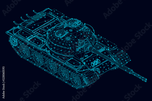 Wireframe of a polygonal combat tank of blue lines with luminous lights on a dark background. View isometric. 3D. Vector illustration