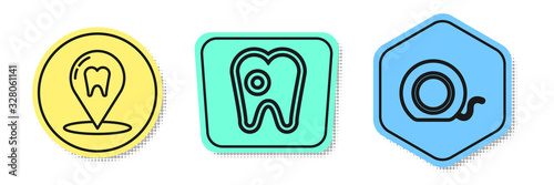 Set line Dental clinic location, Tooth with caries and Dental floss. Colored shapes. Vector