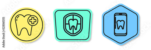 Set line Tooth, Dental protection and Online dental care. Colored shapes. Vector
